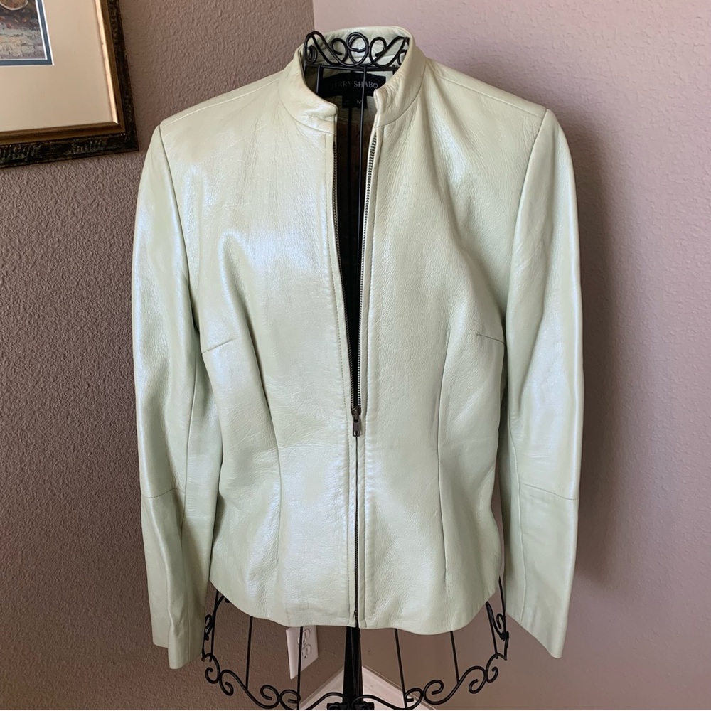 Leather coat, size med., beautiful light green (lime) leather coat.